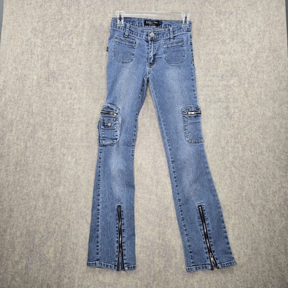 Street Code Women’s Cargo Flared Jeans Size 5 Zipper & Pocket Details Cotton